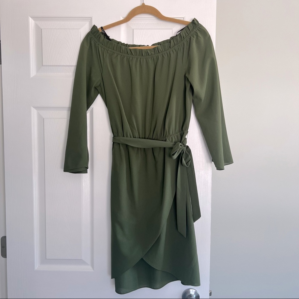 Ali & Jay Green Off the Shoulder Dress